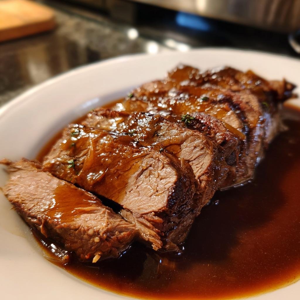 Aufgeschnittener Bayerischer Rinderbraten, saftig und übergossen mit dunkler Bratensauce, auf einem weißen Teller.