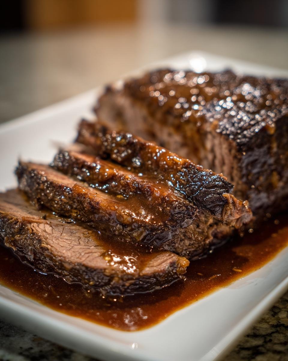 Drei Scheiben saftiger Bayerischer Rinderbraten, übergossen mit dunkler Soße, auf einem weißen Teller.