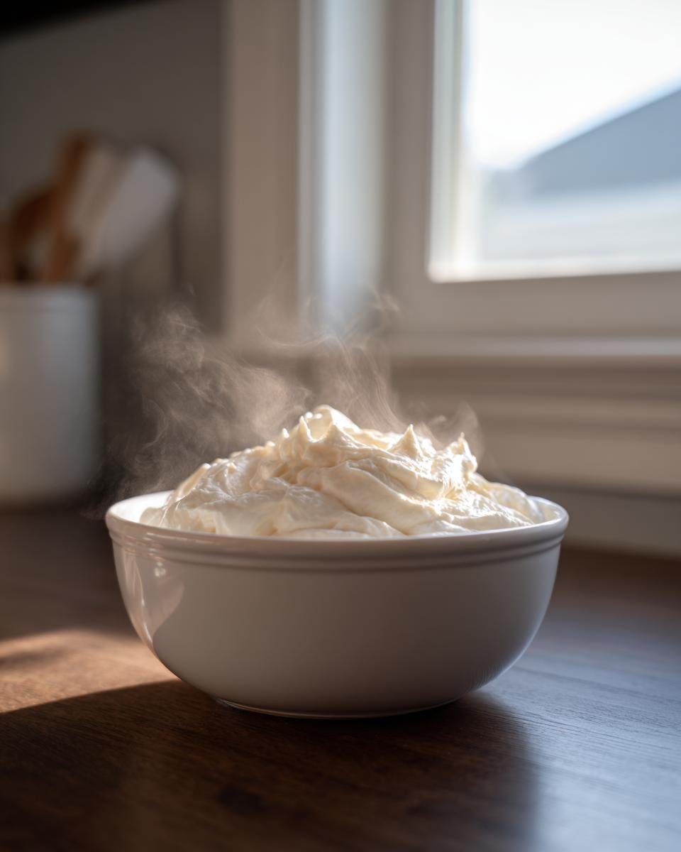 Eine Schüssel mit frisch zubereiteter, dampfender Bechamelsauce rezept, beleuchtet durch helles Fensterlicht.