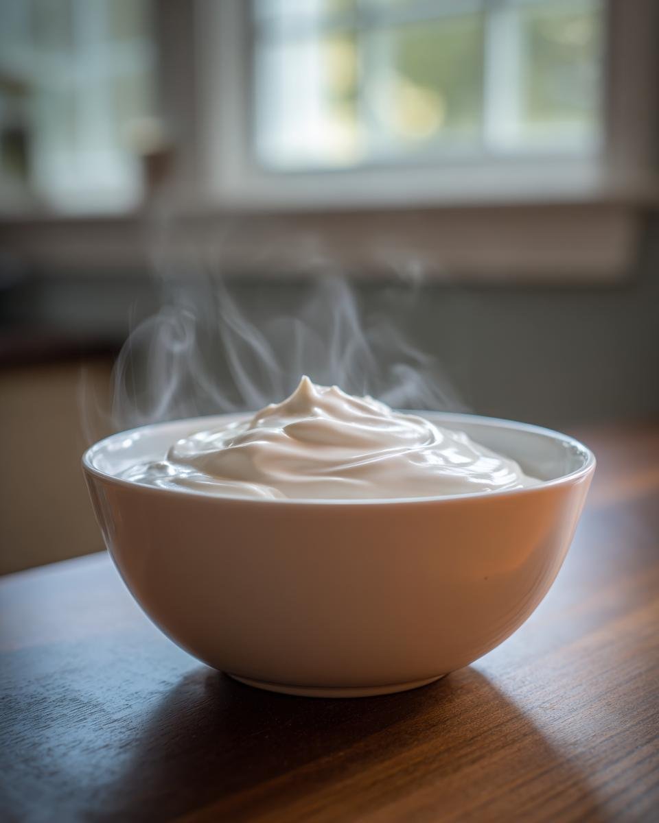 Eine Schüssel mit frisch zubereiteter, dampfender Bechamelsauce rezept, die auf einem Holztisch steht.