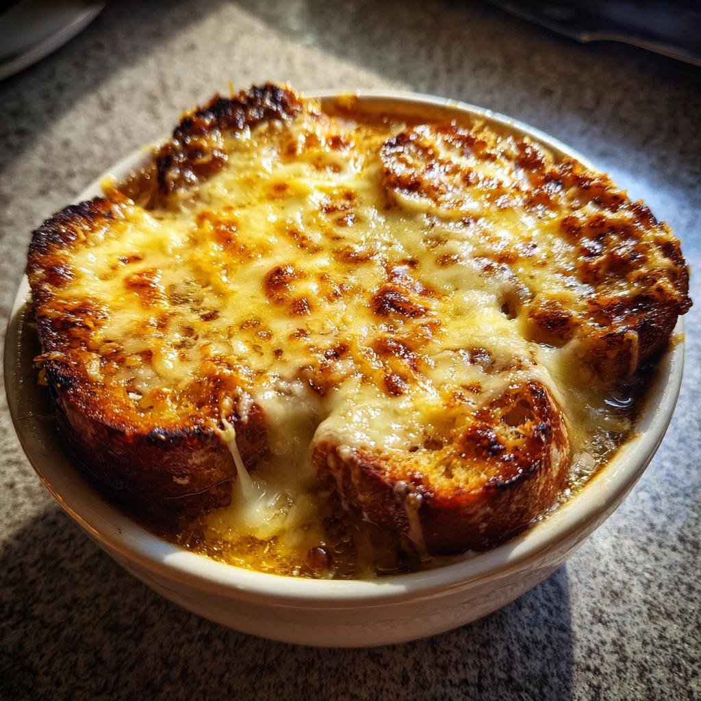 Nahaufnahme einer Schüssel mit Die beste französische Zwiebelsuppe aller Zeiten, bedeckt mit goldbraun überbackenem Käse und Croutons.
