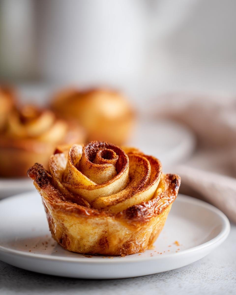 Eine einzelne, frisch gebackene Blätterteig-Apfelrose, bestreut mit Zimt, auf einem weißen Teller.