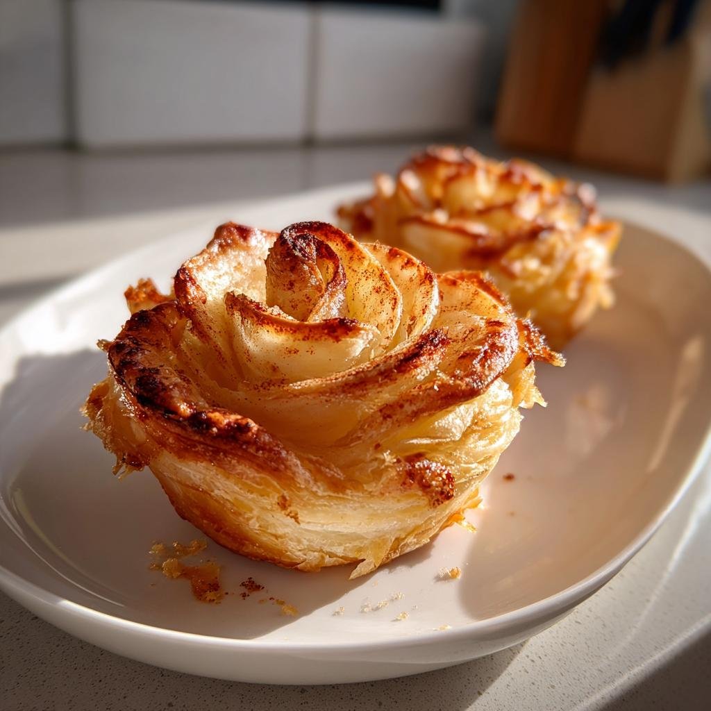 Nahaufnahme von zwei gebackenen Blätterteig-Apfelrosen, bestreut mit Zimt, auf einem weißen Teller.