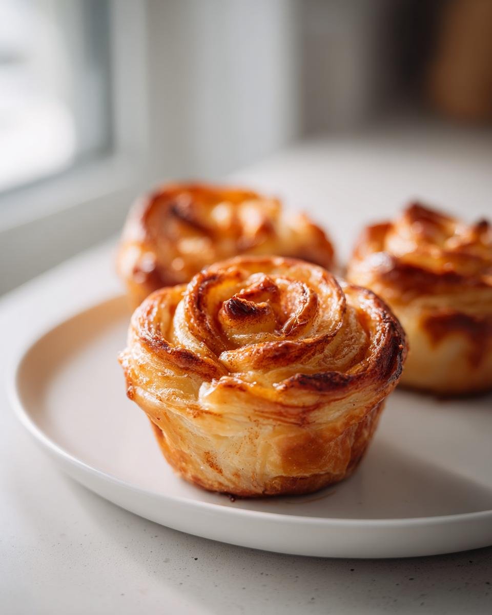 Nahaufnahme von drei goldbraunen Blätterteig-Apfelrosen, die wie Rosenblüten geformt sind, auf einem weißen Teller.
