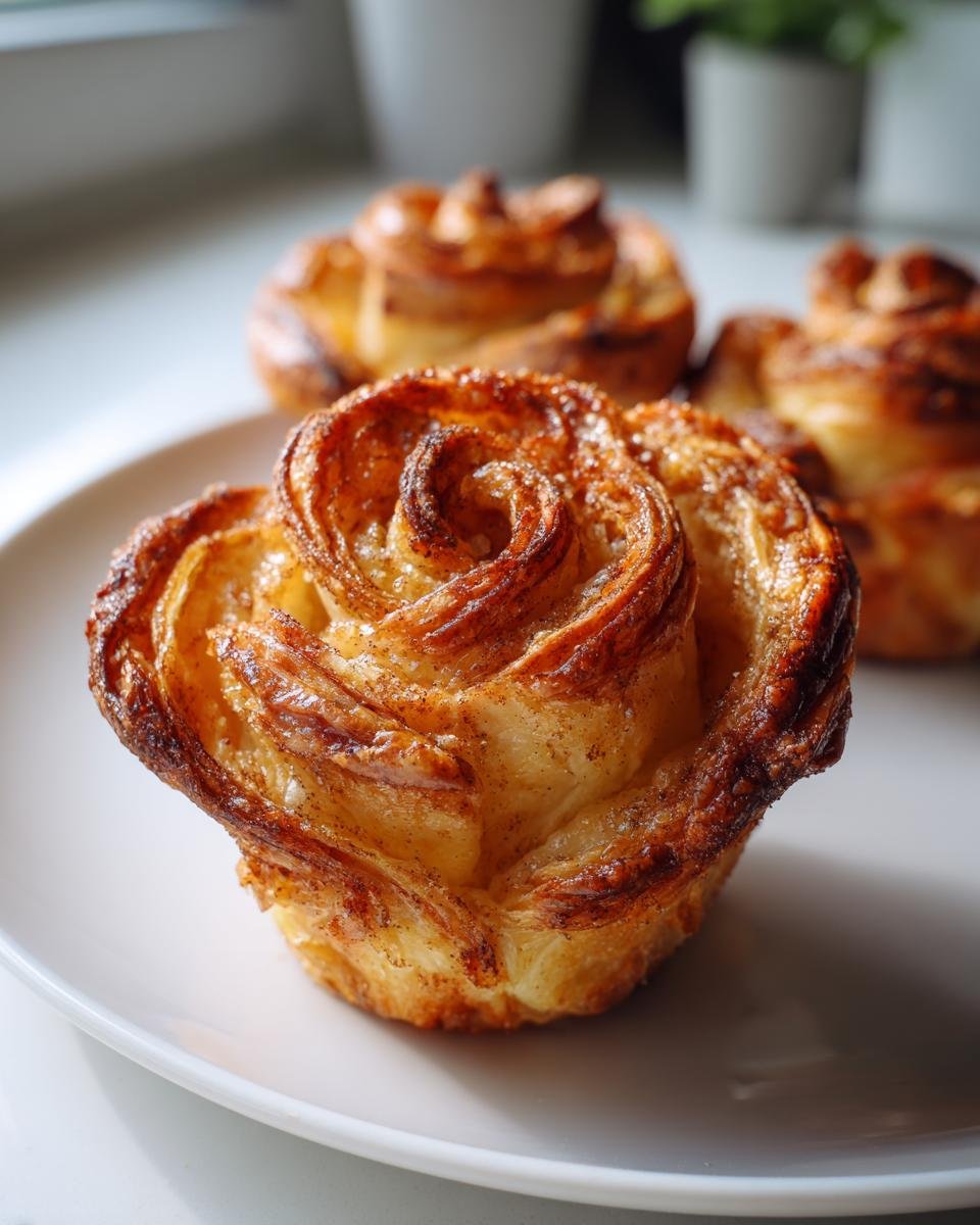 Nahaufnahme einer frisch gebackenen Blätterteig-Apfelrose mit karamellisierten Rändern auf einem weißen Teller.