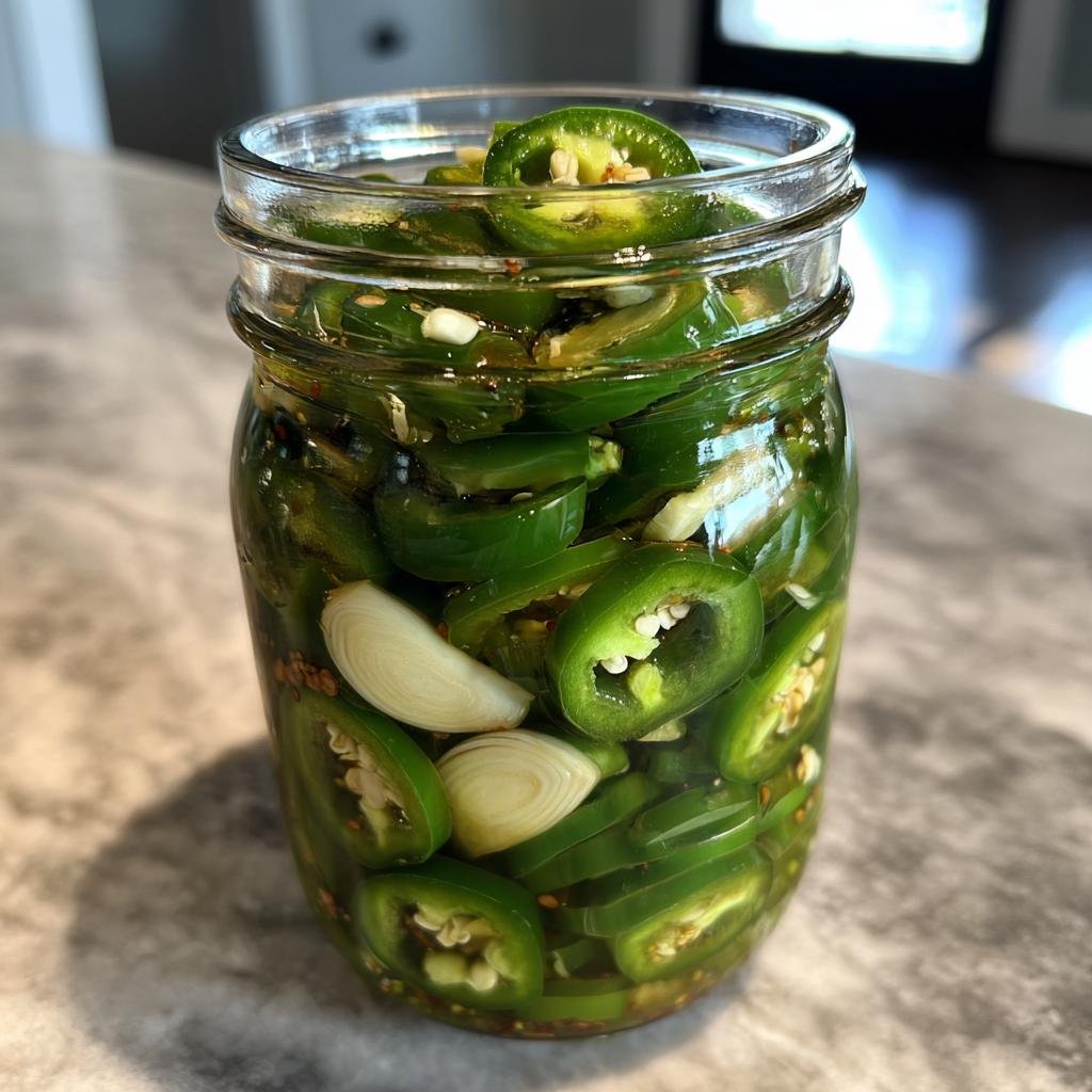 Ein Glas mit in Scheiben geschnittenen, knackigen Blitz-Jalapeños und Knoblauchzehen, eingelegt in Flüssigkeit.