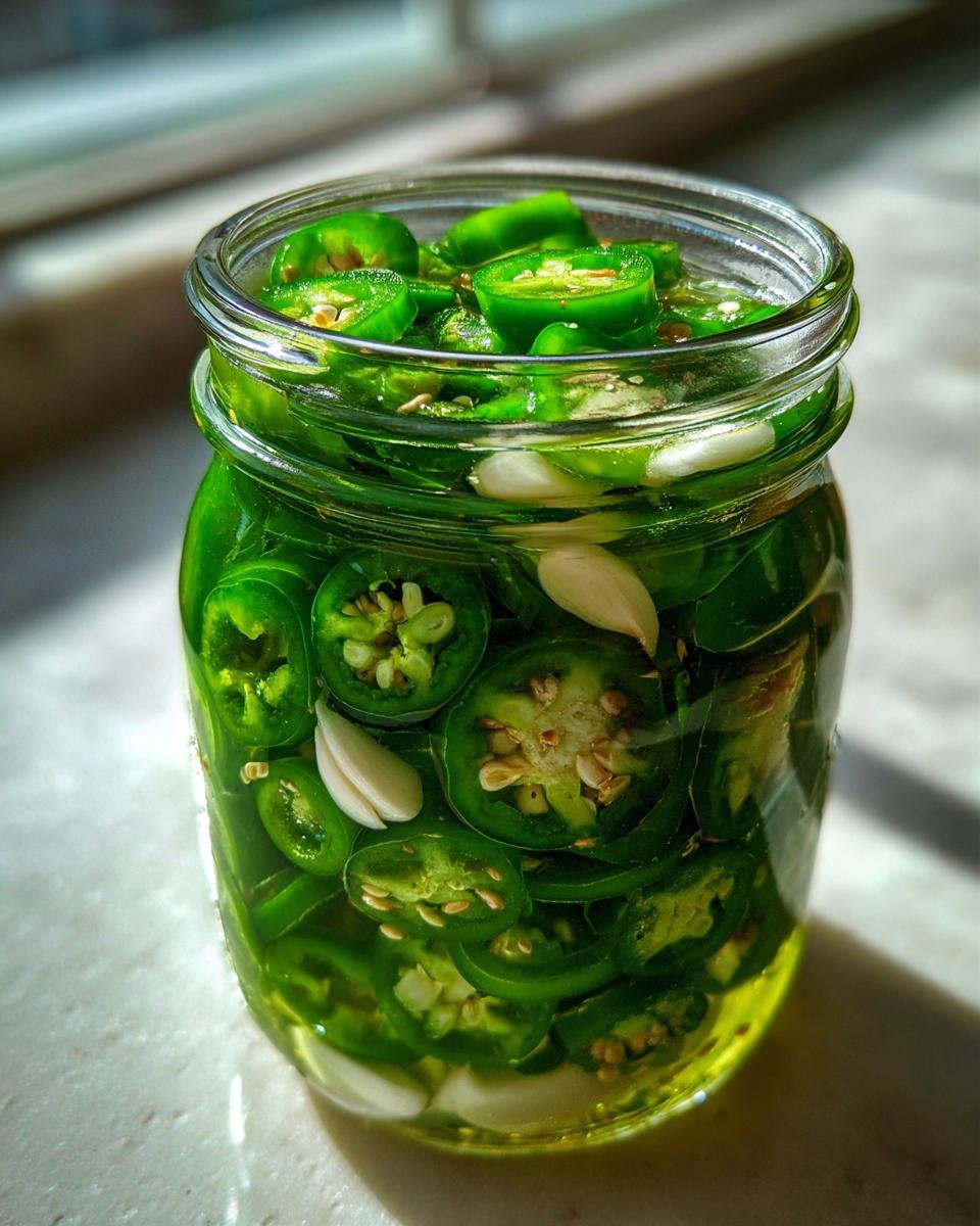 Nahaufnahme von in Scheiben geschnittenen Blitz-Jalapeños mit Knoblauchzehen in einem Glas, bereit zum Einlegen.