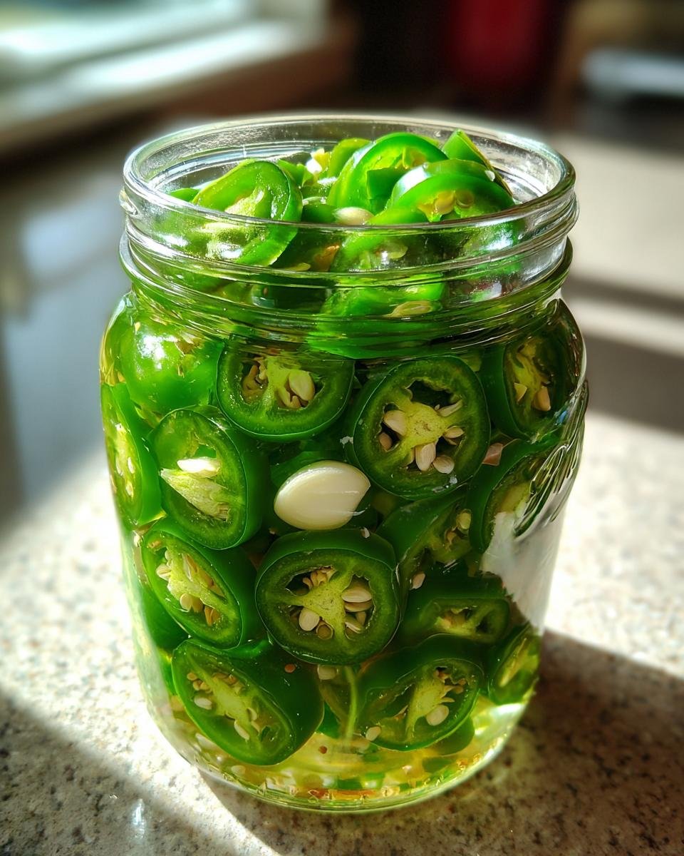 Nahaufnahme von in Scheiben geschnittenen, knackigen Blitz-Jalapeños in einem Glas mit Lake und einer Knoblauchzehe.