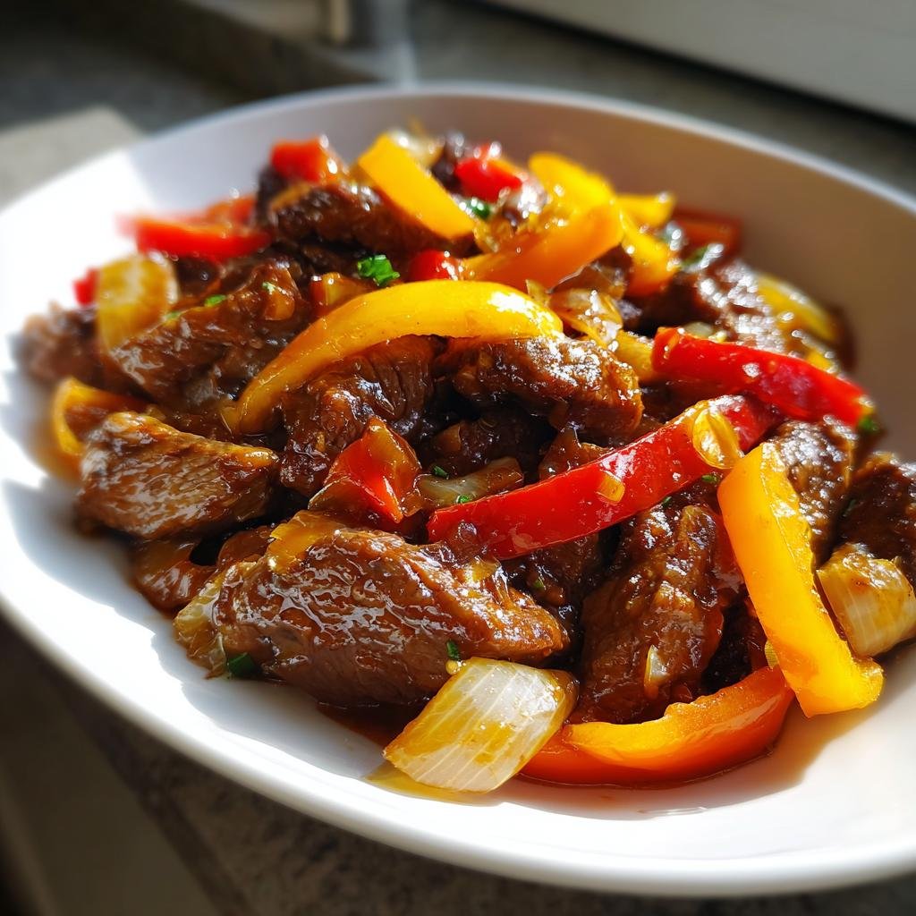 Nahaufnahme eines Blitz-Wok mit Rindfleisch und Paprika in einer weißen Schale, das Fleisch sieht sehr saftig aus.