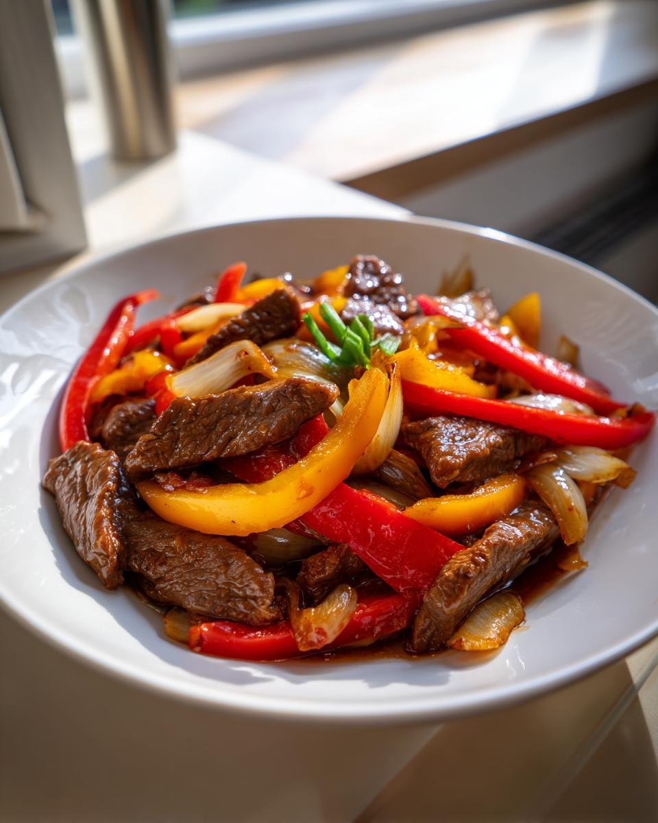 Nahaufnahme eines Blitz-Wok mit Rindfleisch und Paprika, das saftig und glänzend aussieht.