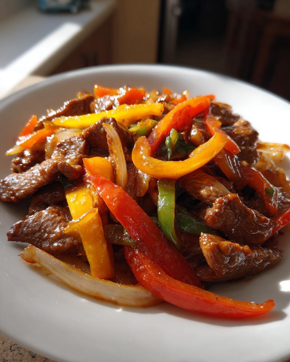 Nahaufnahme eines saftigen Blitz-Wok mit Rindfleisch und Paprika in einer weißen Schüssel.