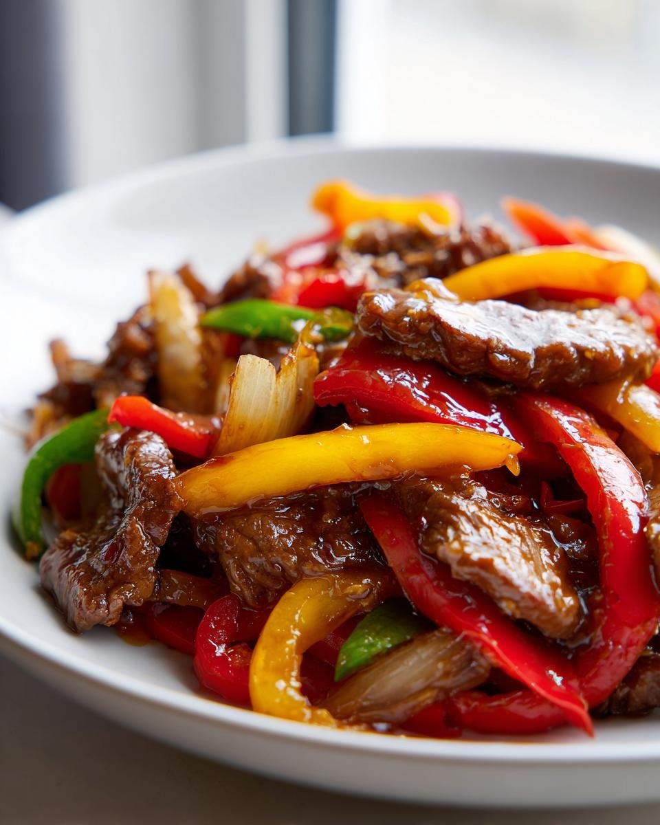 Nahaufnahme von saftigem Blitz-Wok mit Rindfleisch und bunter Paprika in einer dunklen Soße.