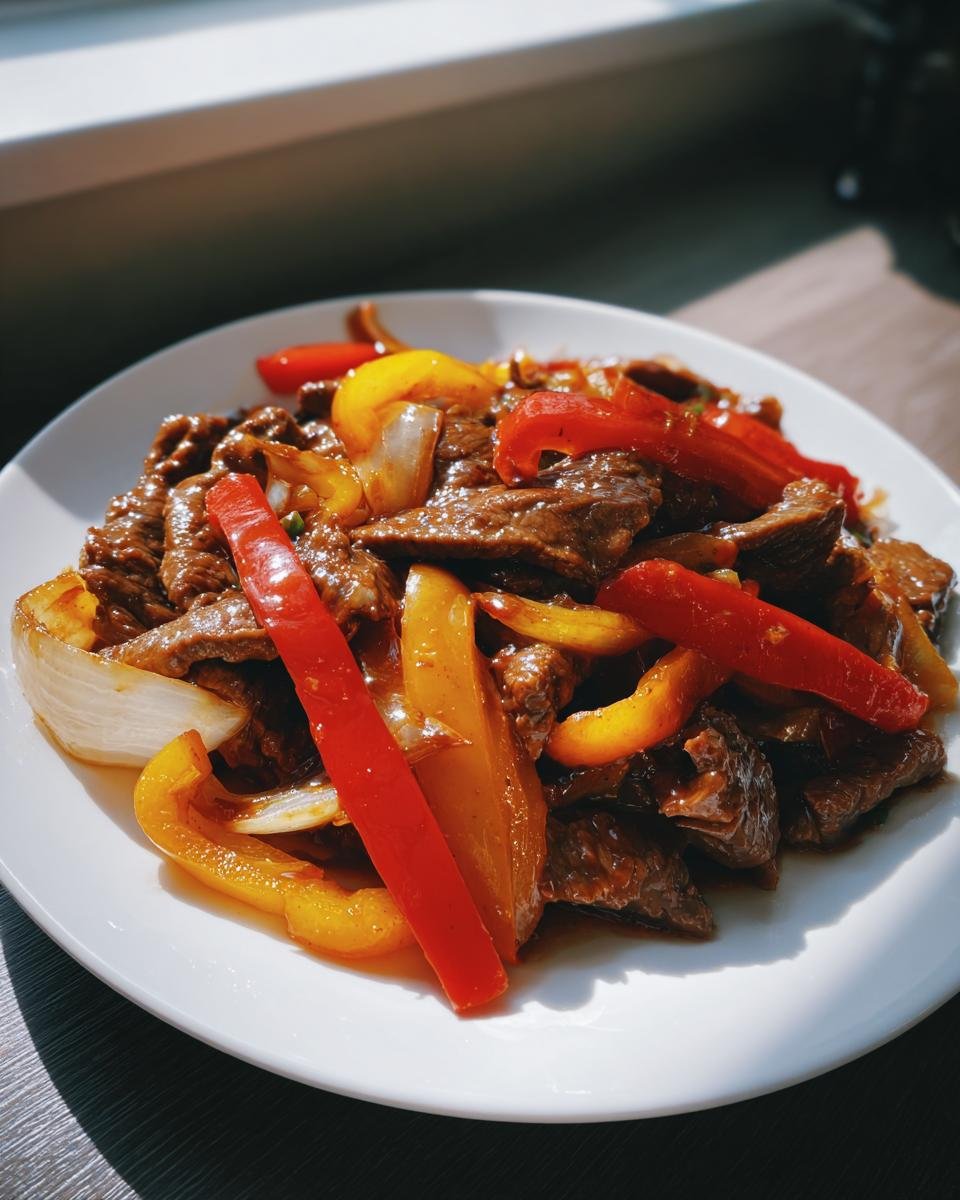 Nahaufnahme von saftigem Blitz-Wok mit Rindfleisch und Paprika auf einem weißen Teller.