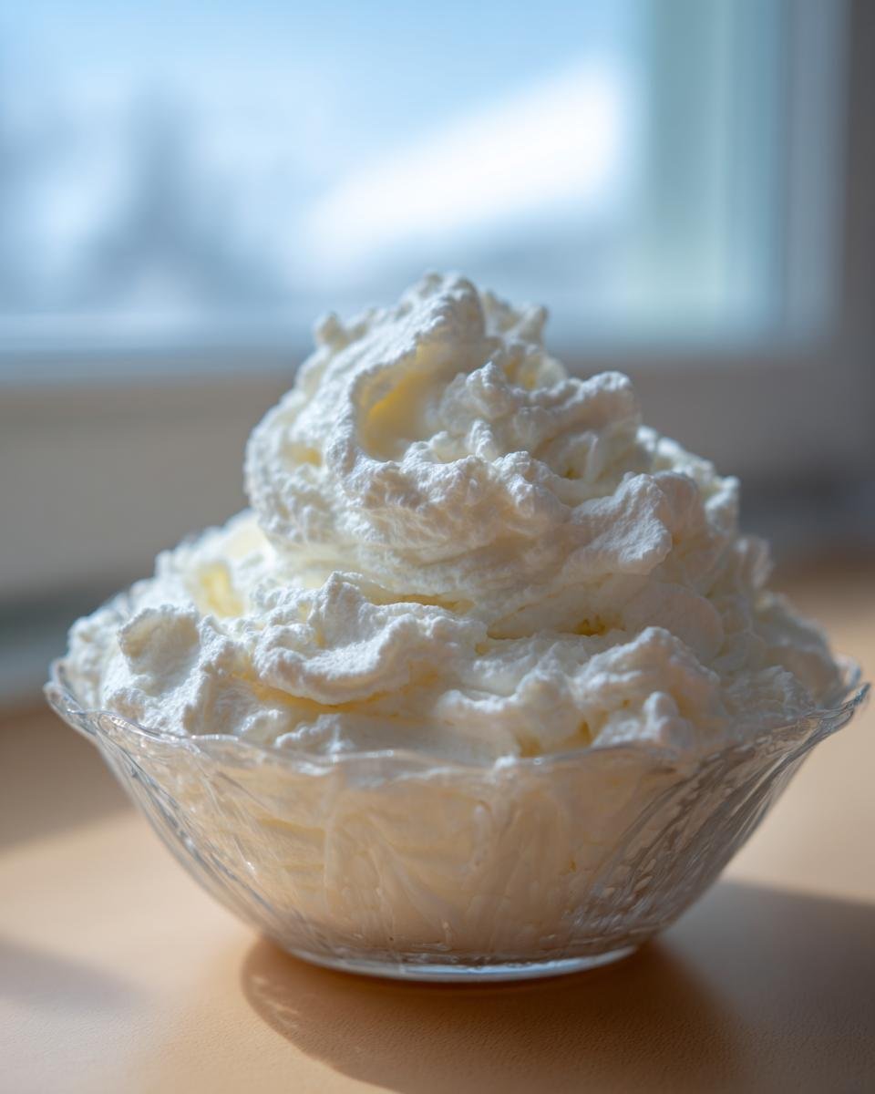 Nahaufnahme einer Schüssel mit luftiger, weißer ZAUBERCREME, beleuchtet durch helles Tageslicht.