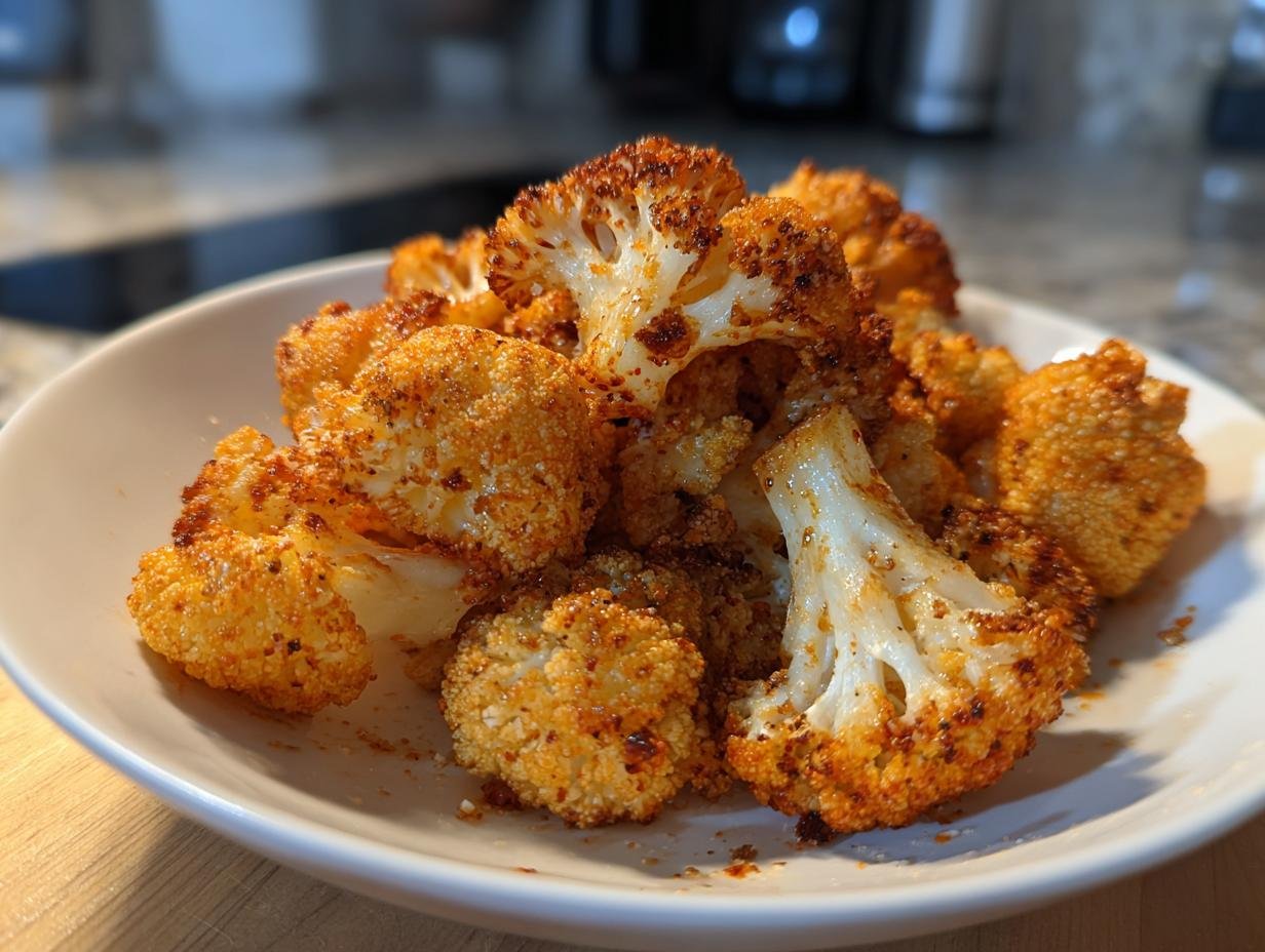 Nahaufnahme von knusprigem, goldbraun gewürztem Blumenkohl aus der Heißluftfritteuse in einer weißen Schale.