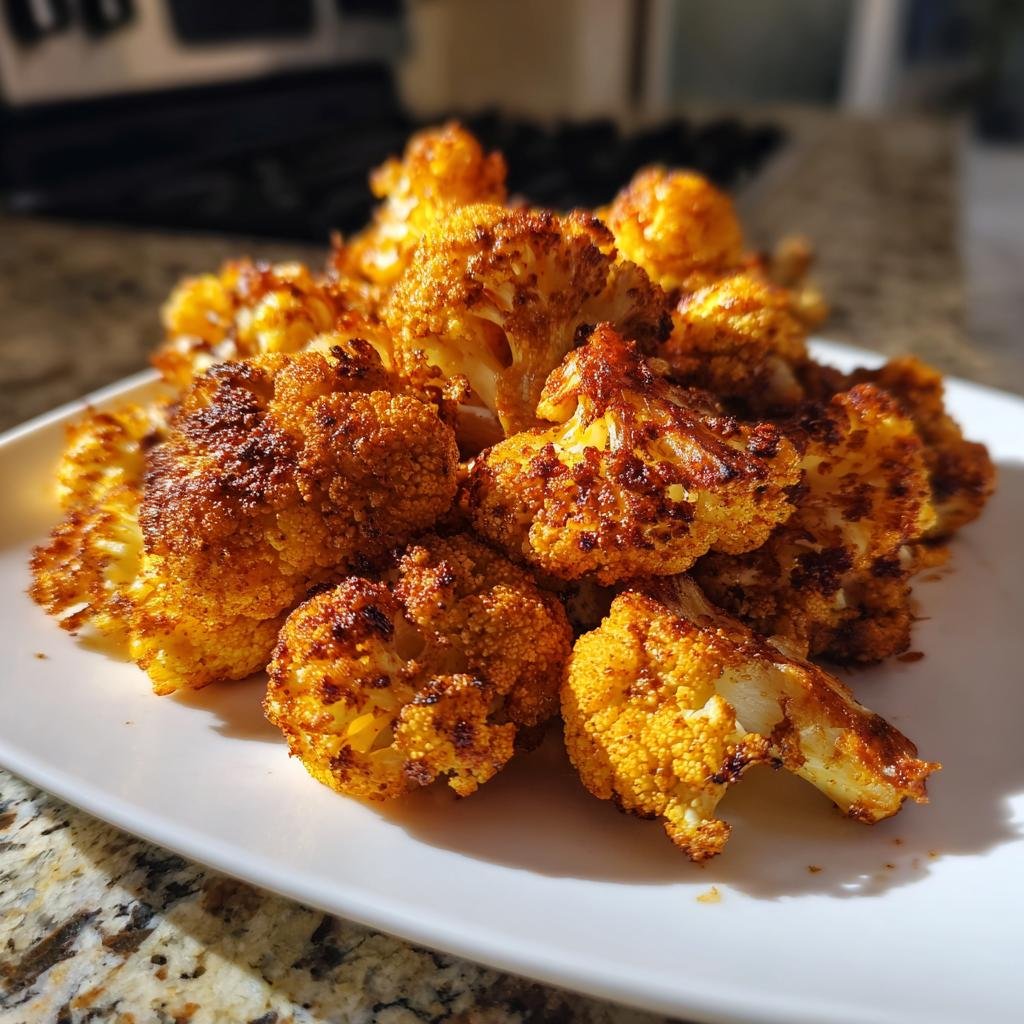 Ein Teller mit goldbraun gerösteten Röschen Blumenkohl aus der Heißluftfritteuse.