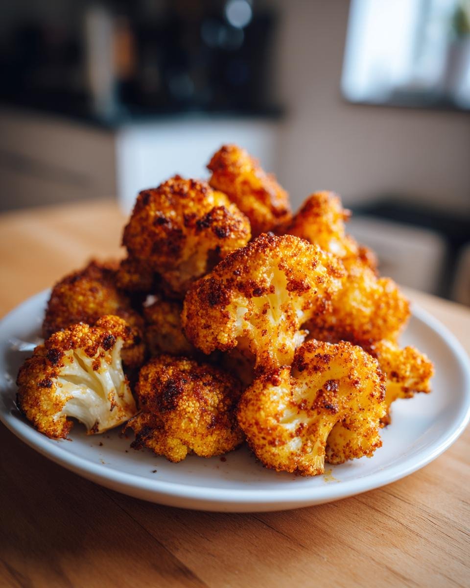 Ein Teller mit knusprig gebratenem Blumenkohl aus der Heißluftfritteuse mit goldbrauner Panade.