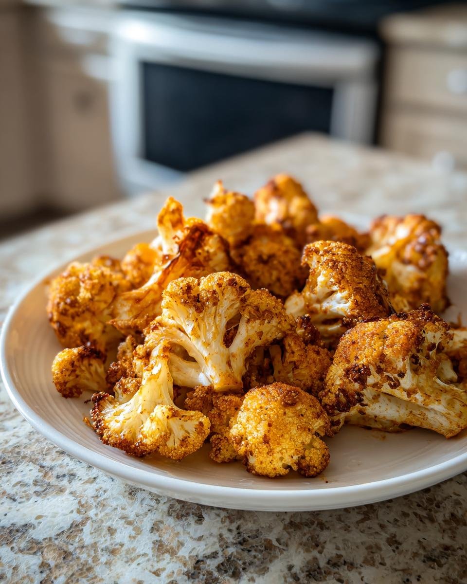 Gebratene Röschen von Blumenkohl aus der Heißluftfritteuse auf einem weißen Teller angerichtet.