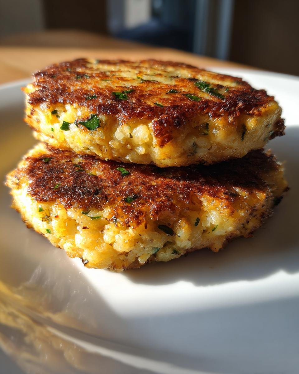 Nahaufnahme von zwei goldbraun gebratenen Blumenkohl Frikadellen, die aufeinander gestapelt sind.