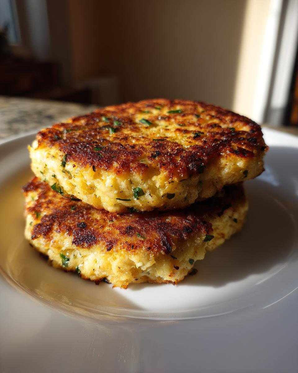 Zwei goldbraun gebratene Blumenkohl Frikadellen, gestapelt auf einem weißen Teller, mit Kräutern bestreut.