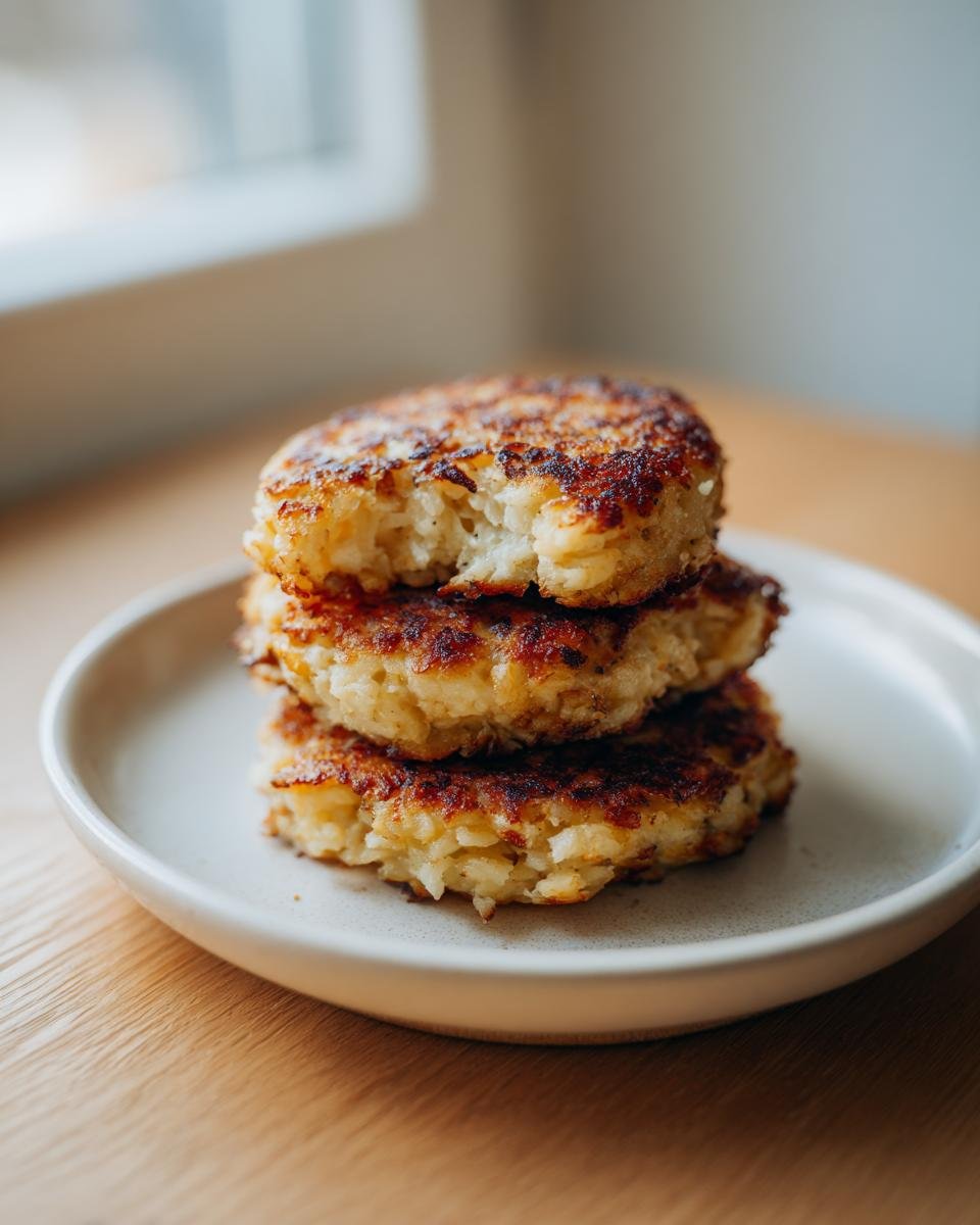 Drei gebratene Blumenkohl Frikadellen übereinander gestapelt auf einem hellen Teller.