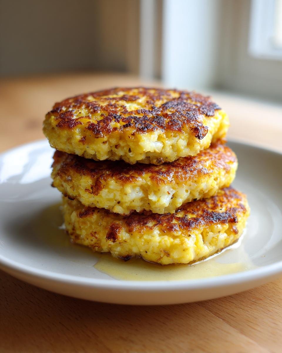 Drei gestapelte, goldbraun gebratene Blumenkohl Frikadellen auf einem hellen Teller.