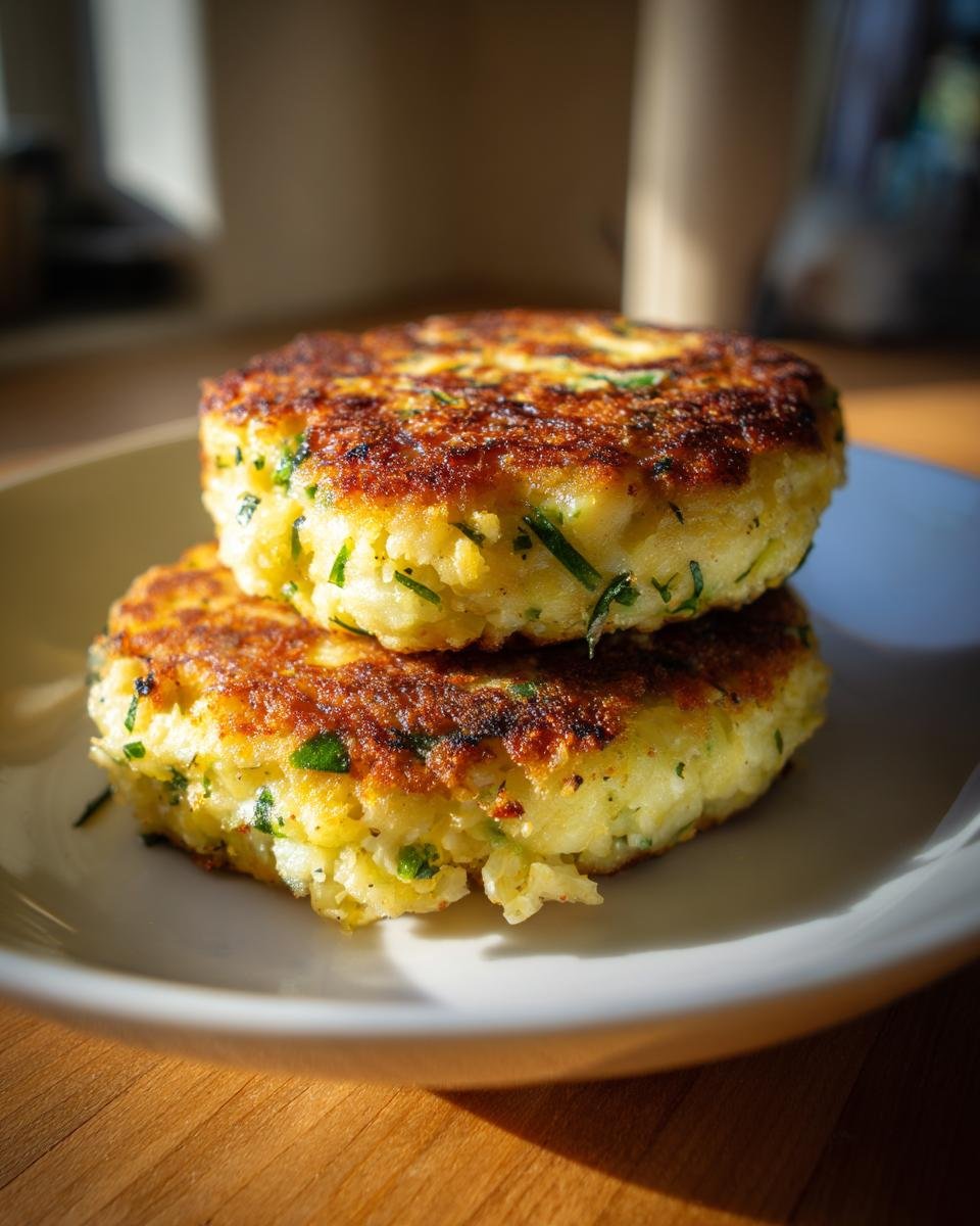 Zwei perfekt gebratene Blumenkohl Frikadellen mit Kräutern auf einem weißen Teller, appetitlich angerichtet.