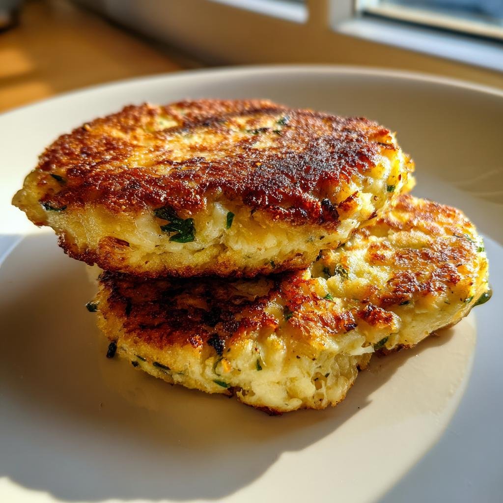 Zwei goldbraun gebratene Blumenkohl Frikadellen, innen cremig und mit Kräutern, auf einem hellen Teller gestapelt.