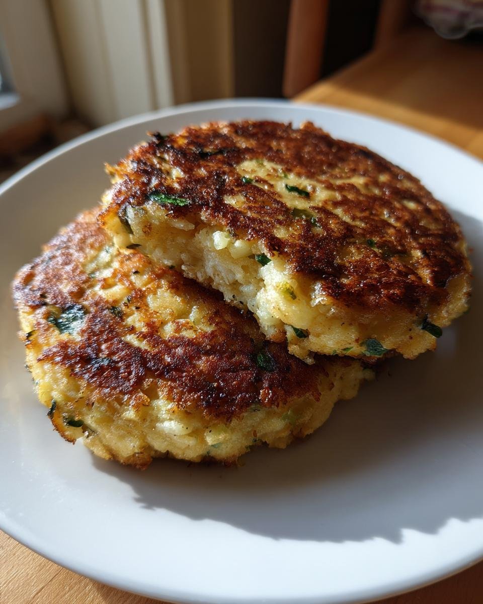 Zwei goldbraun gebratene Blumenkohl Frikadellen, einer davon angeschnitten, auf einem weißen Teller.