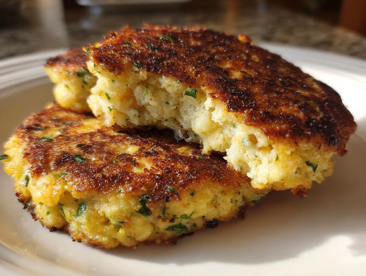 Zwei goldbraun gebratene Blumenkohl Frikadellen auf einem weißen Teller, einer davon angebissen.