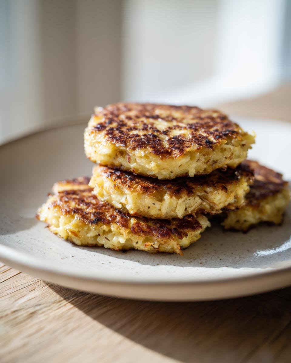 Ein Stapel von vier knusprig gebratenen Blumenkohl Frikadellen auf einem hellen Teller.