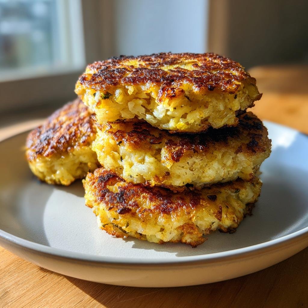 Stapel von drei goldbraun gebratenen Blumenkohl Frikadellen auf einem hellen Teller.