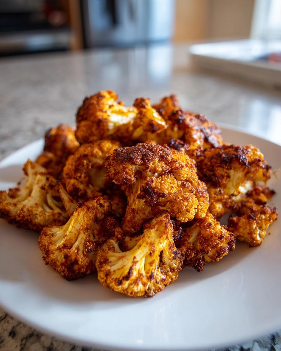 Ein Teller voller knusprig gebräunter Röschen von Blumenkohl aus der Heißluftfritteuse, perfekt gewürzt.