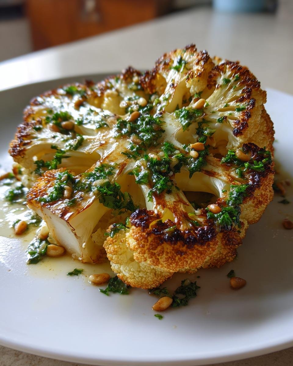 Gebratenes Blumenkohl-Steak mit Kräuterbutter und gerösteten Pinienkernen auf einem weißen Teller.