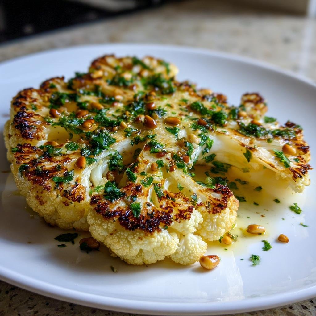 Gebratenes Blumenkohl-Steak mit Kräuterbutter und gerösteten Pinienkernen auf einem weißen Teller.