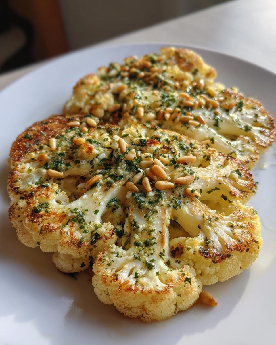 Zwei gebratene Blumenkohl-Steaks, bedeckt mit Kräuterbutter und gerösteten Pinienkernen.