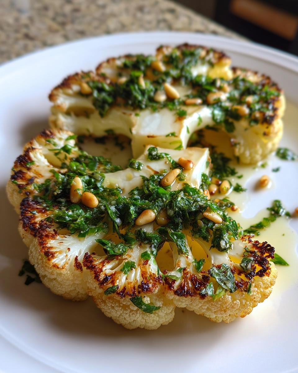 Gebratenes Blumenkohl-Steak mit Kräuterbutter und gerösteten Pinienkernen auf einem weißen Teller.