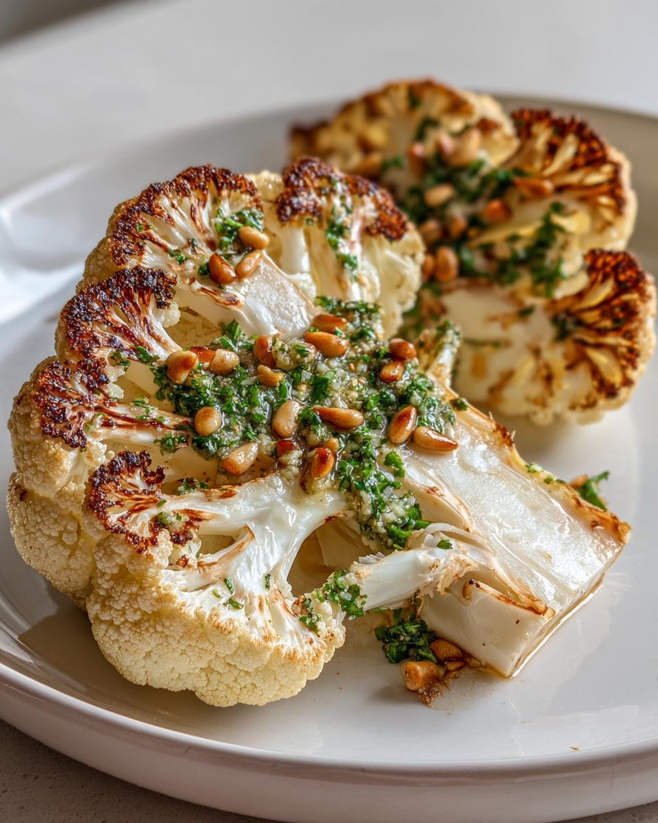 Gebratenes Blumenkohl-Steak mit Kräuterbutter und gerösteten Pinienkernen auf einem weißen Teller.