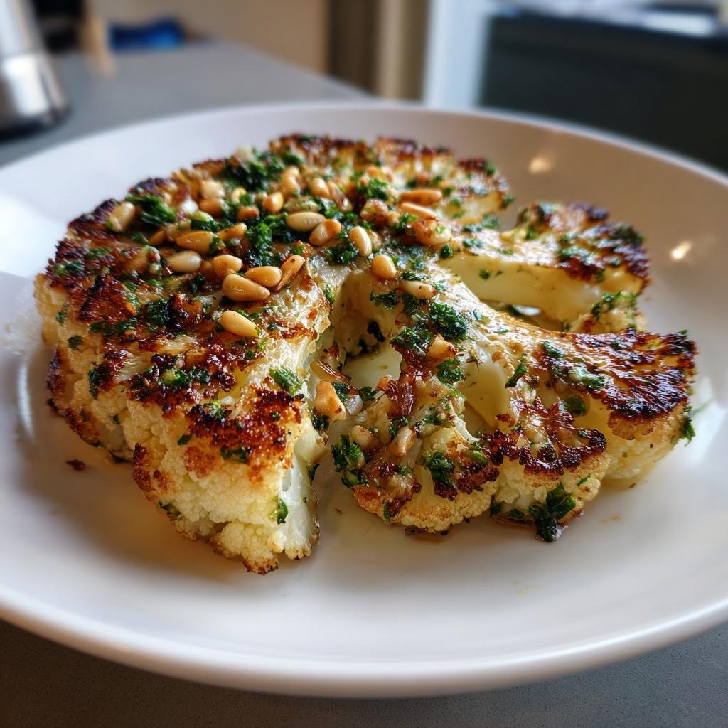 Gebratenes Blumenkohl-Steak mit Kräuterbutter und gerösteten Pinienkernen auf einem weißen Teller.