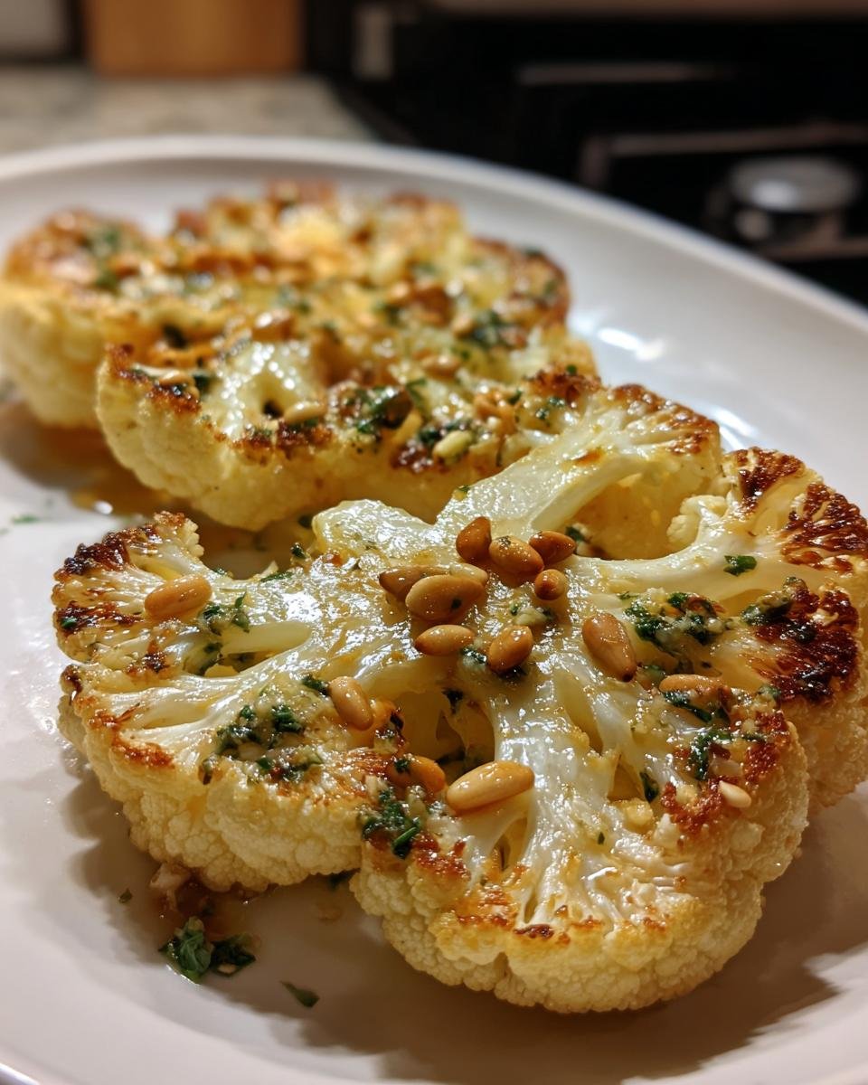 Zwei gebratene Scheiben Blumenkohl-Steak mit Kräuterbutter und gerösteten Pinienkernen auf einem weißen Teller.