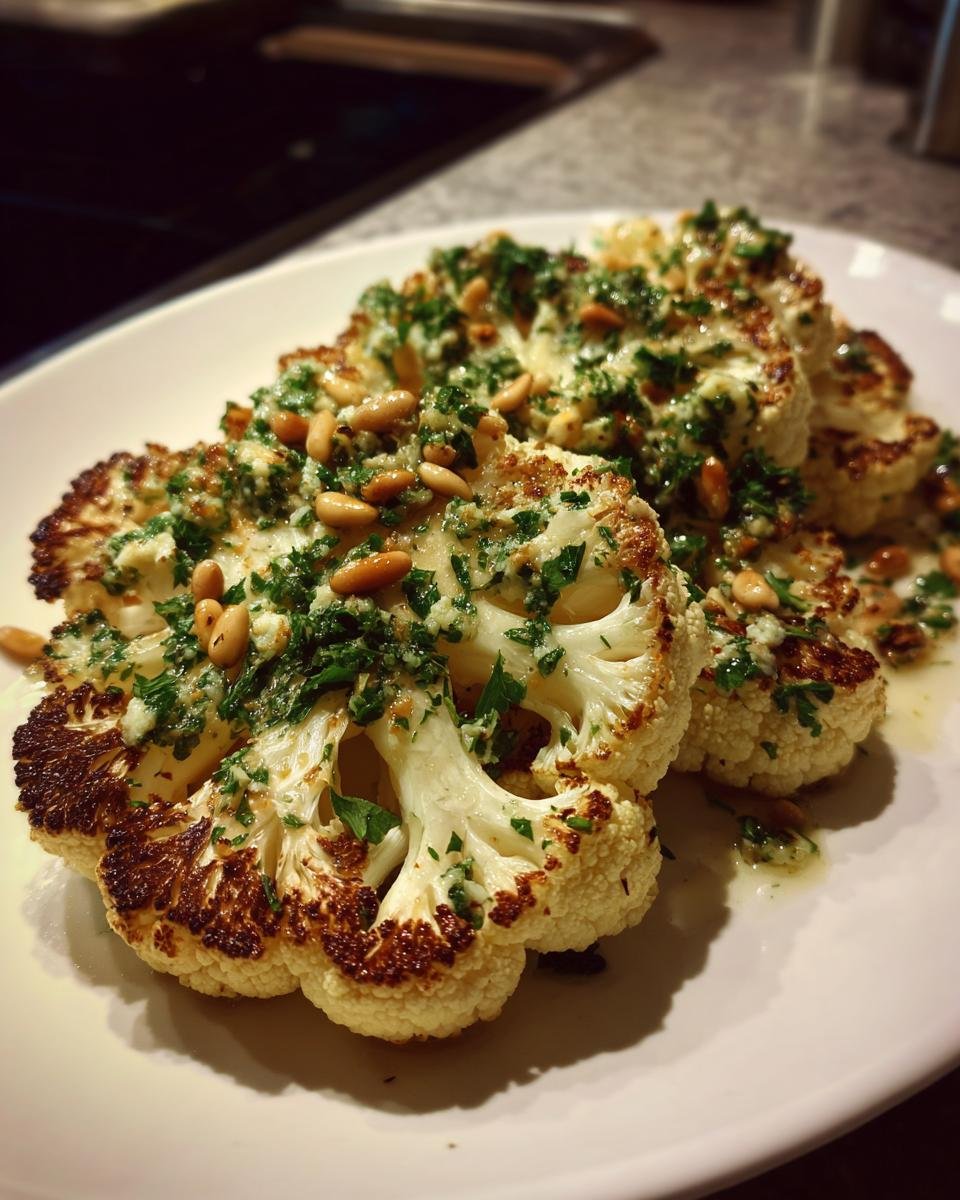 Gebratene Scheiben Blumenkohl-Steak mit Kräuterbutter und gerösteten Pinienkernen auf einem Teller.