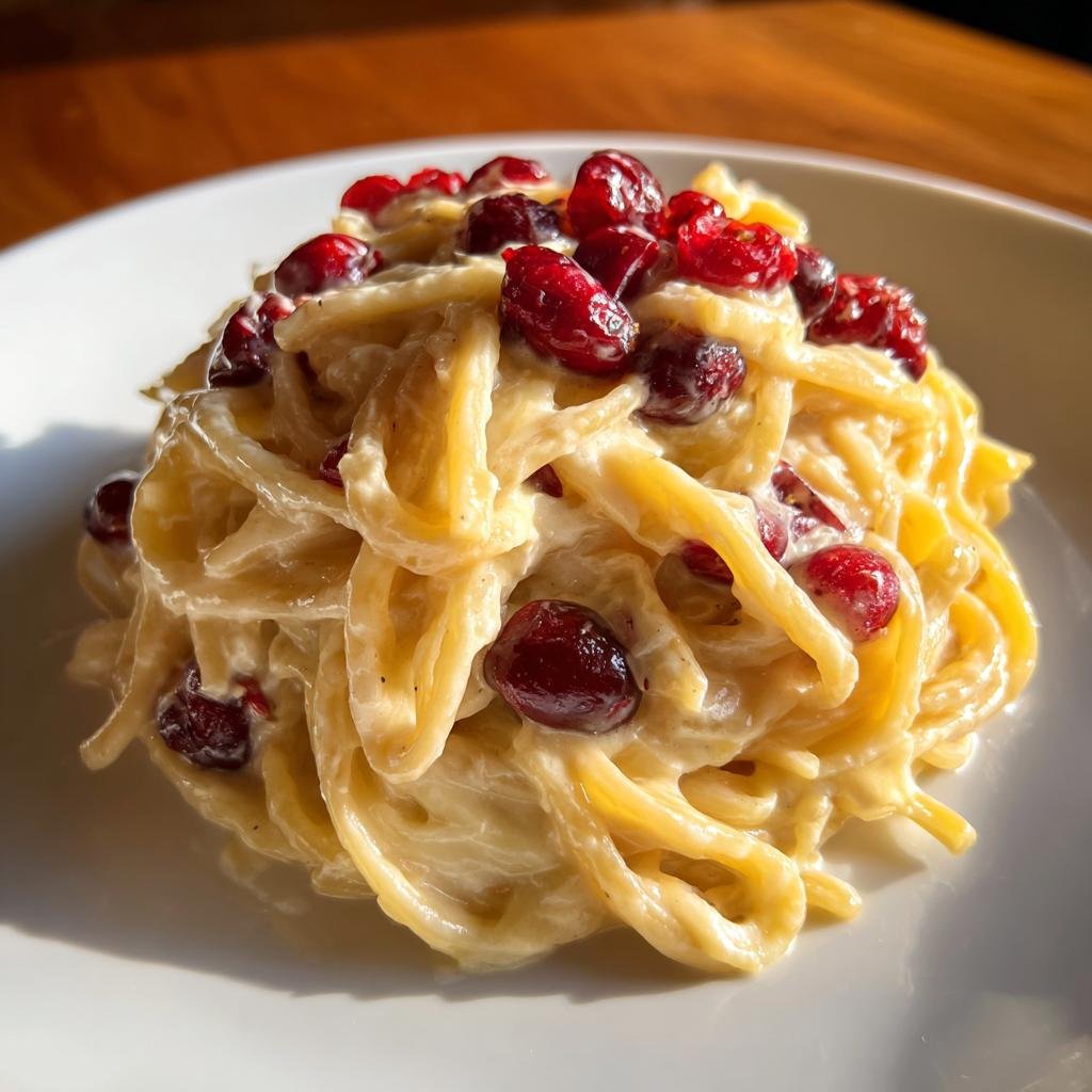 Nahaufnahme von cremiger Brie-Pasta mit Preiselbeeren auf einem weißen Teller.