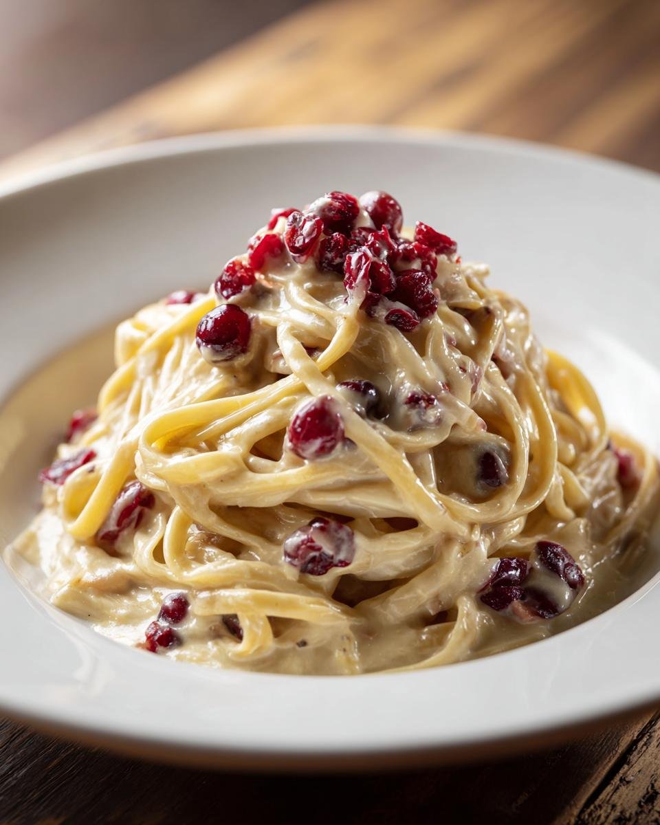 Nahaufnahme von cremiger Brie-Pasta mit Preiselbeeren in einem weißen Teller.