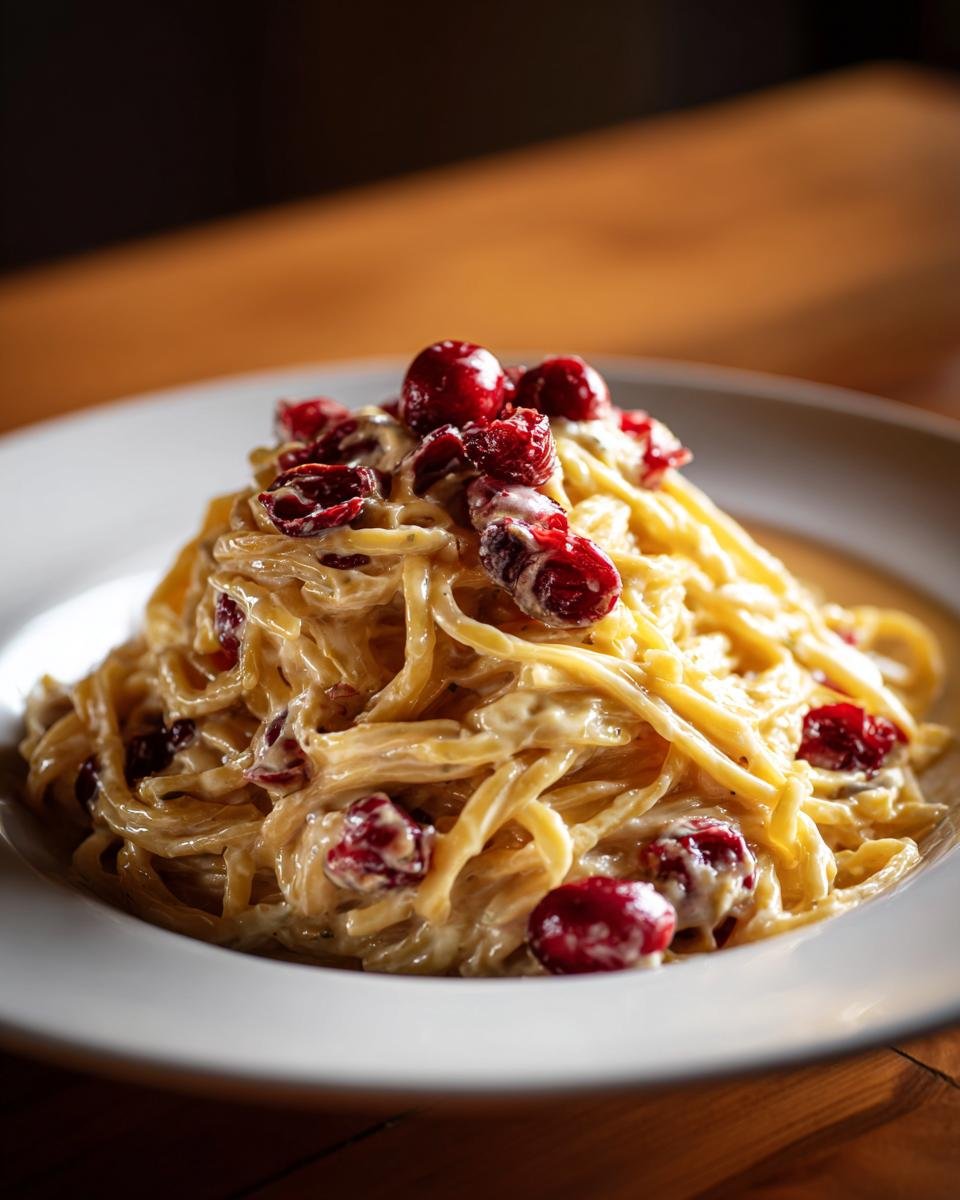 Nahaufnahme von cremiger Brie-Pasta mit Preiselbeeren auf einem weißen Teller.