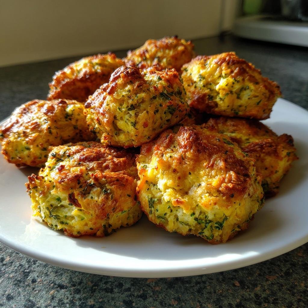 Ein Haufen goldbraun gebackener Brokkoli Käse Nuggets auf einem weißen Teller, perfekt für einen gesunden Snack.