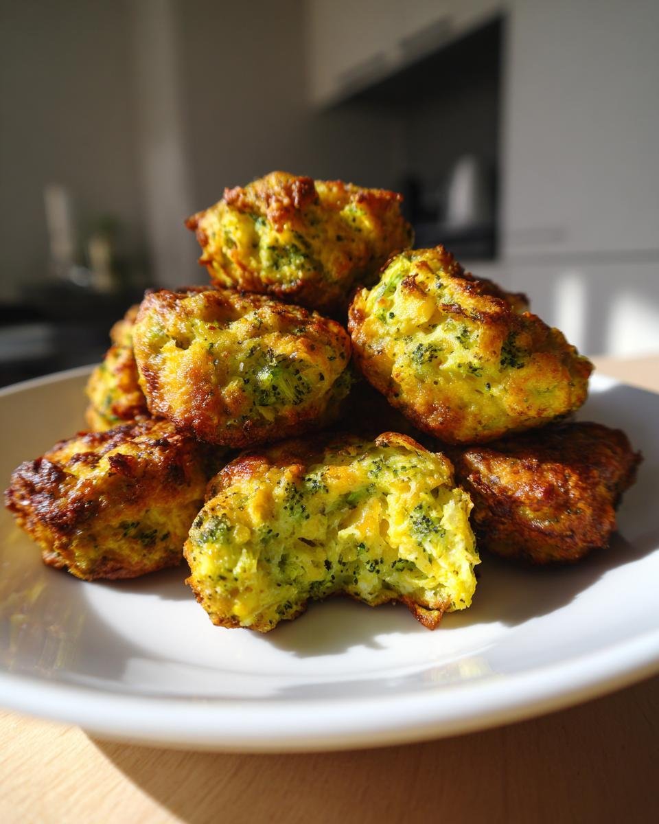 Stapel goldbrauner Brokkoli Käse Nuggets mit sichtbaren Brokkoliröschen, einer davon angebissen.