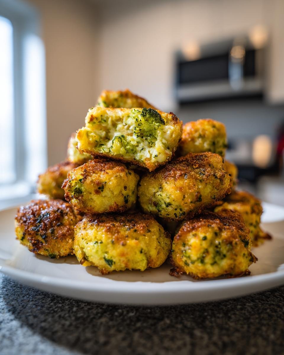 Stapel goldbrauner Brokkoli Käse Nuggets, einer davon aufgeschnitten, um die grüne Brokkoli-Käse-Füllung zu zeigen.