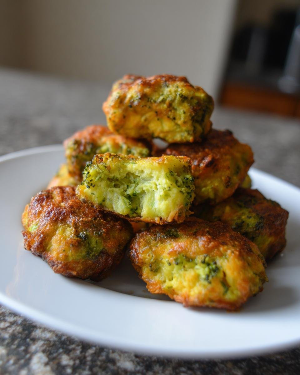 Stapel goldbraun gebackener Brokkoli Käse Nuggets, einer davon halbiert, um die grüne Brokkoli-Füllung zu zeigen.