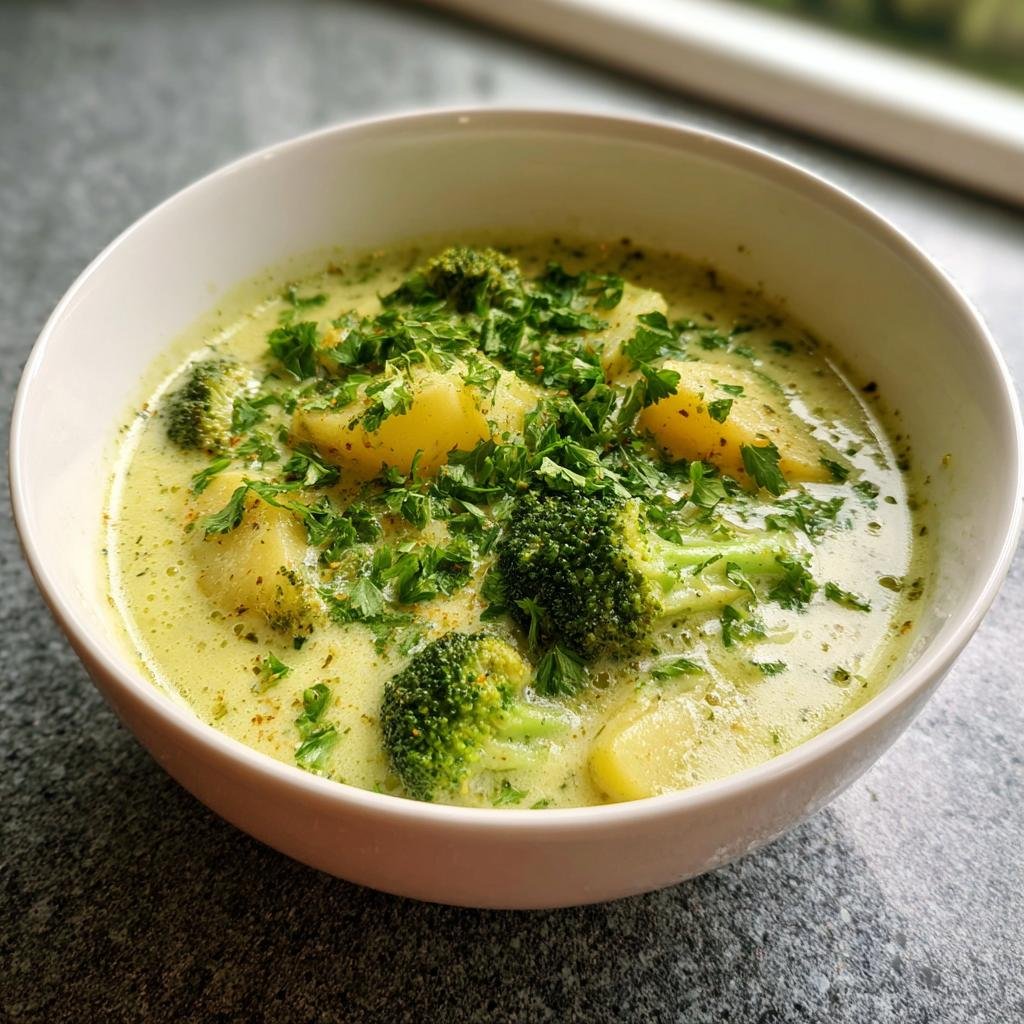 Nahaufnahme einer cremigen Brokkoli Kartoffel Suppe, garniert mit frischer Petersilie.