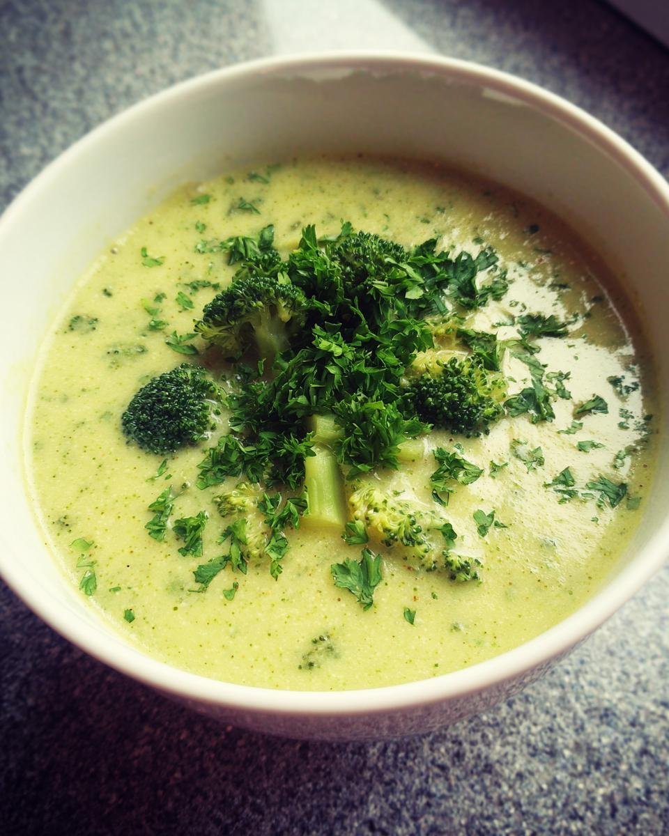 Nahaufnahme einer cremigen Brokkoli Kartoffel Suppe, garniert mit frischen Brokkoliröschen und gehackter Petersilie.
